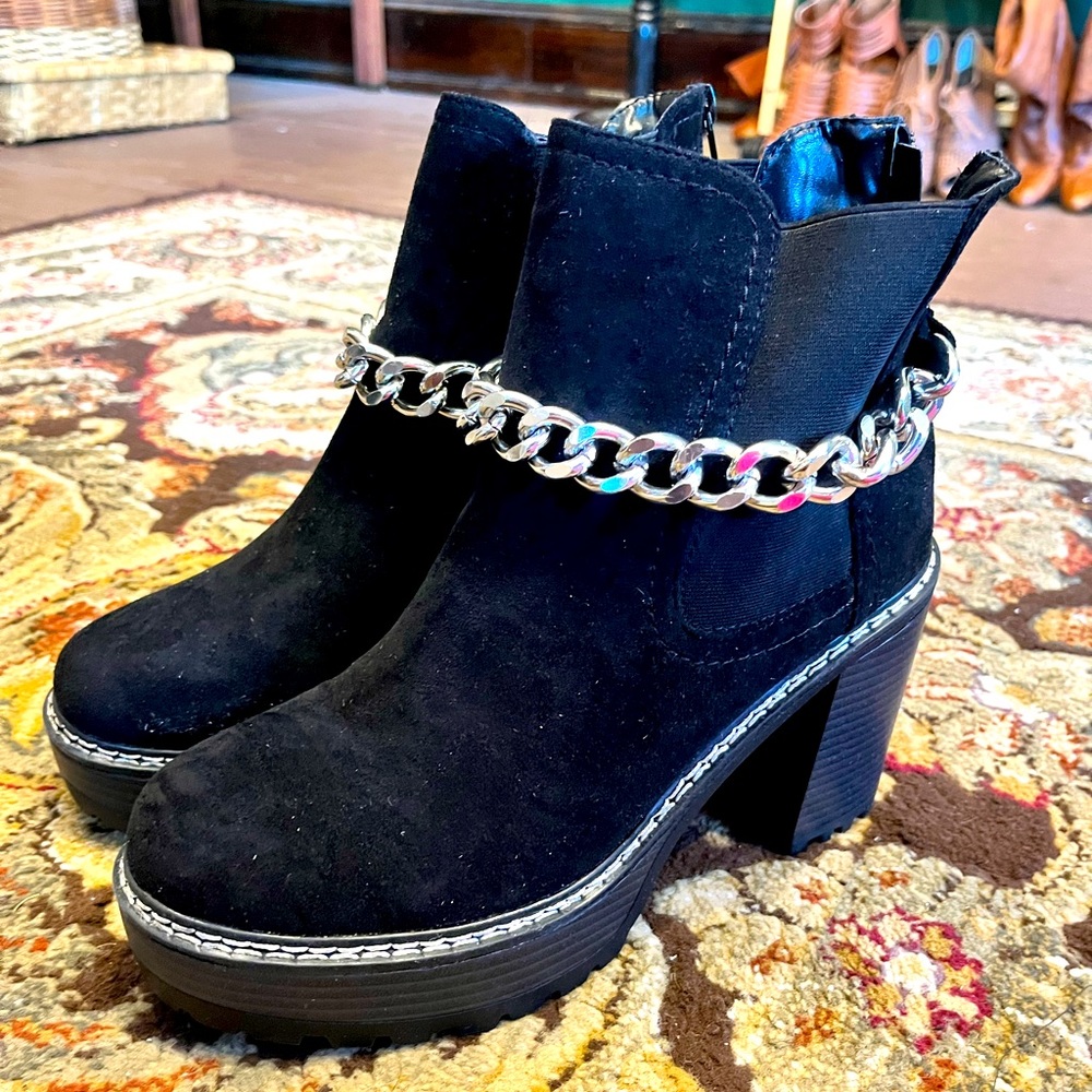 Black Faux Suede Booties with Silver Chain